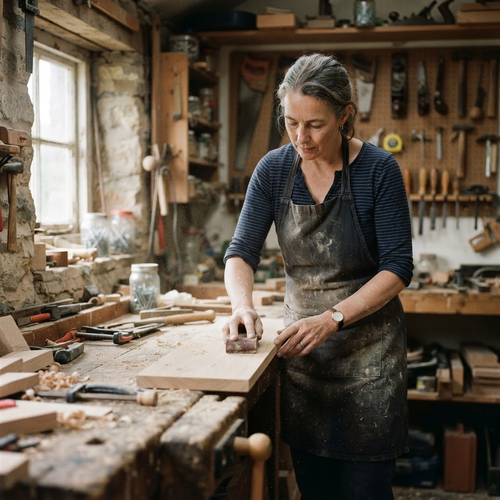 Solo-Handwerkerin in einer kleinen Werkstatt – allein geführter Handwerksbetrieb ohne Beschäftigte.
