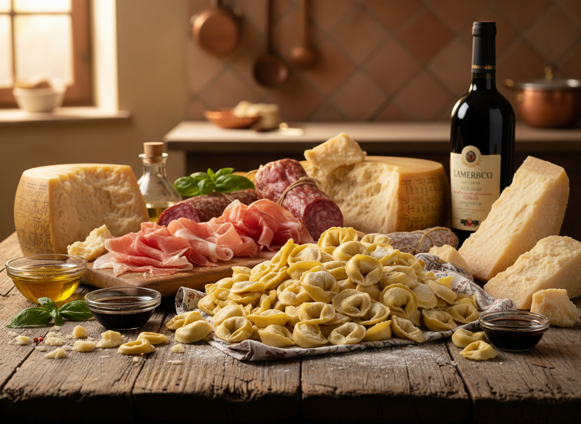 Traditional Emilian food — tortellini, Parmigiano Reggiano and Lambrusco from Modena's Food Valley