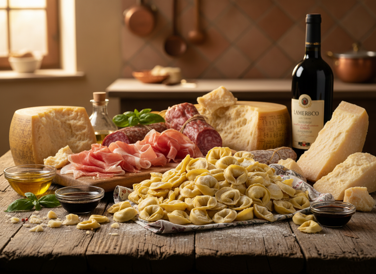 Traditional Emilian food — tortellini, Parmigiano Reggiano and Lambrusco from Modena's Food Valley