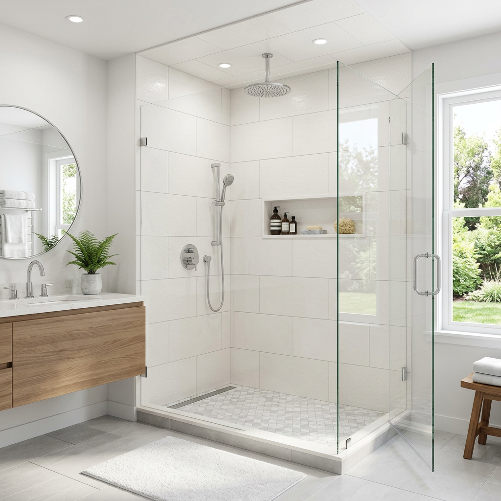 Modern luxury walk-in shower with glass panels and brass fixtures
