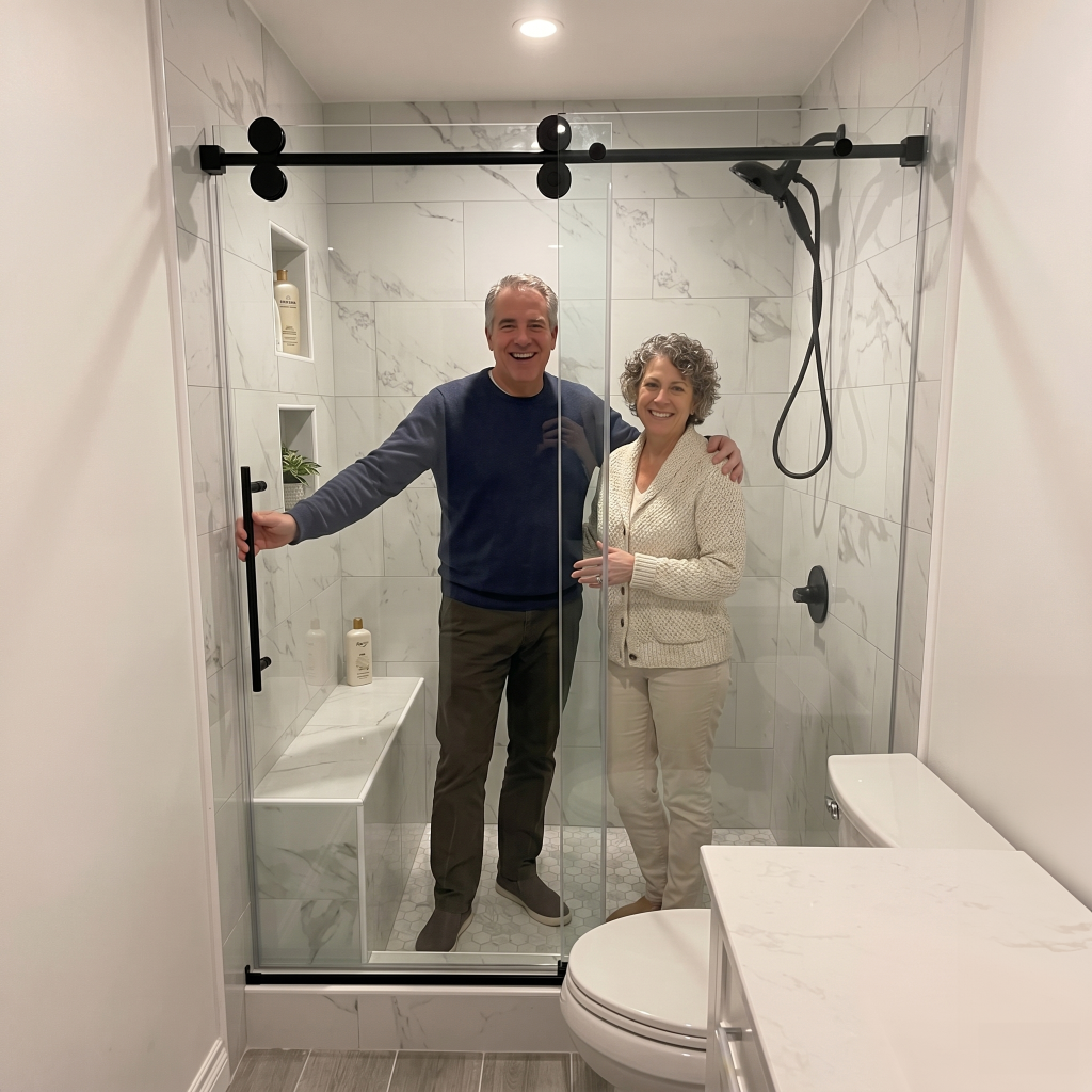 Happy couple in newly renovated bathroom
