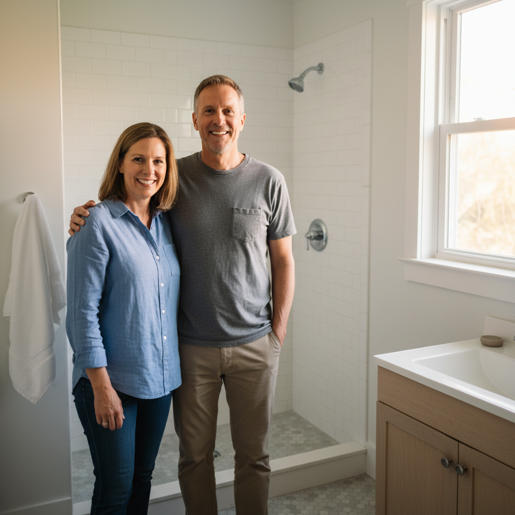 Happy couple with their new bathroom