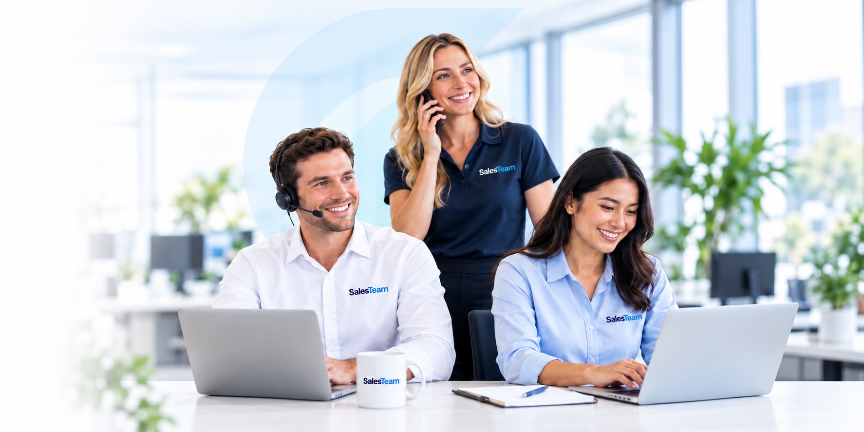 Three SalesTeam professionals working together in a bright modern office