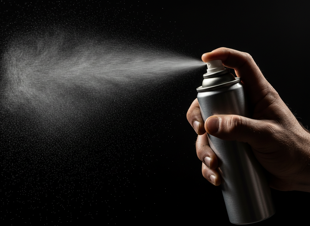 Hand spraying Swass Block with visible mist