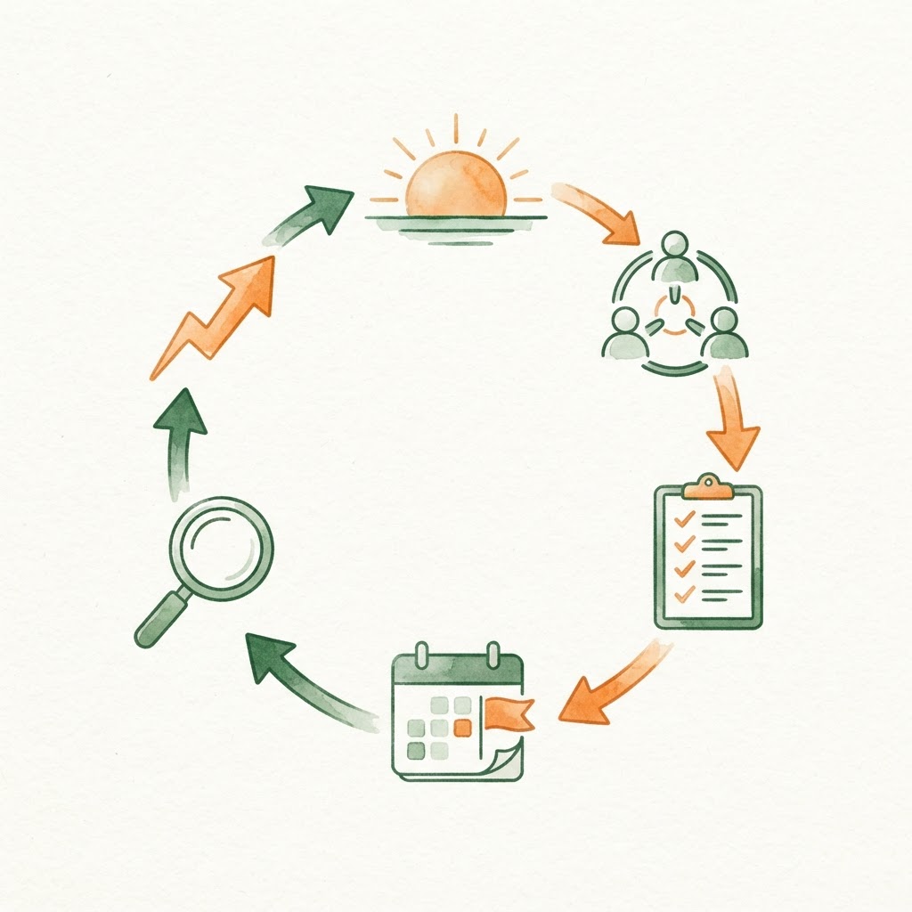 Watercolor infographic of a daily operating rhythm cycle with checklists and due dates