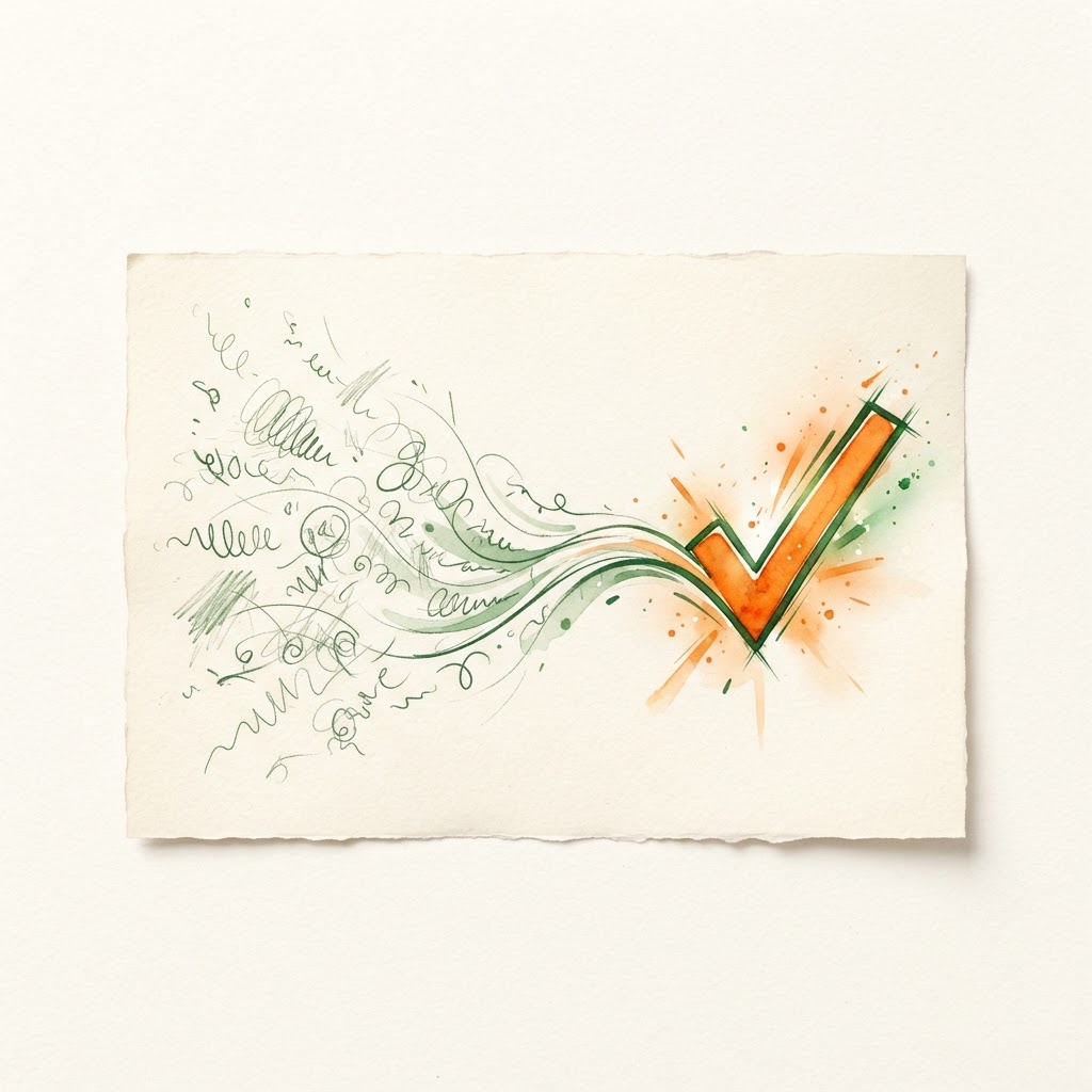 Watercolor illustration of scattered notes transforming into a bold completed checkmark