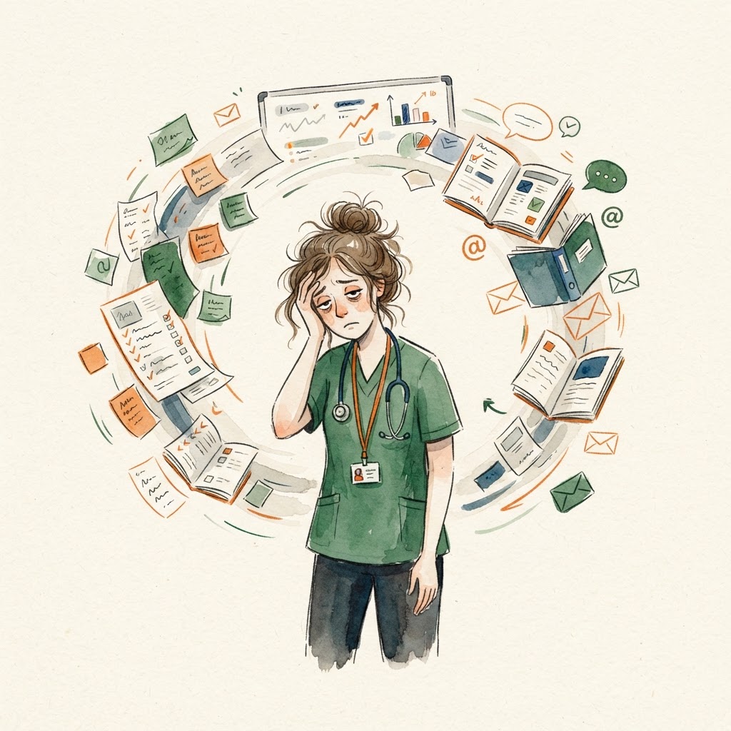 Watercolor illustration of a leader surrounded by swirling paper sheets, sticky notes and messages