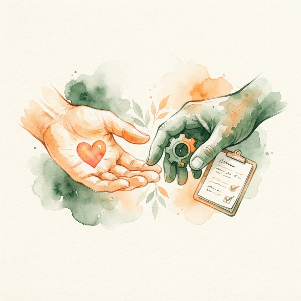 Watercolor illustration of two hands holding a heart and a gear — compassion meeting operations