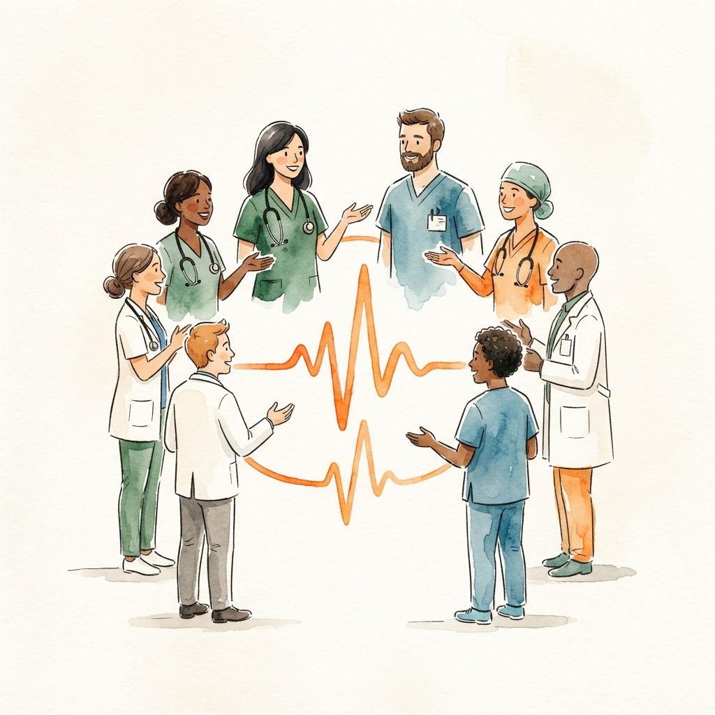 Watercolor illustration of a team huddle circle connected by a heartbeat line