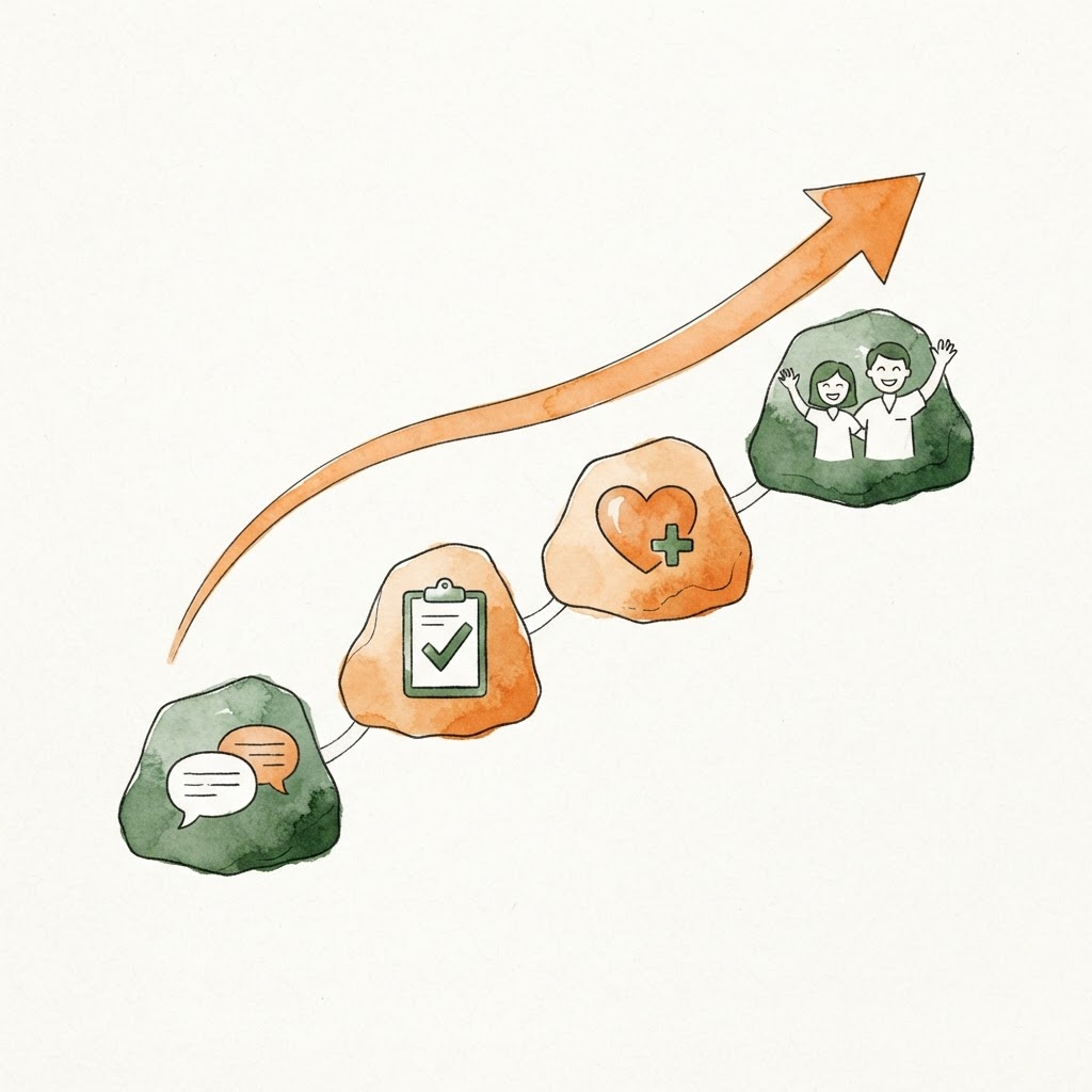 Watercolor infographic of stepping stones from communication to better care