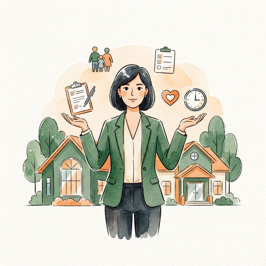 Watercolor illustration of an administrator balancing responsibilities in front of a community building