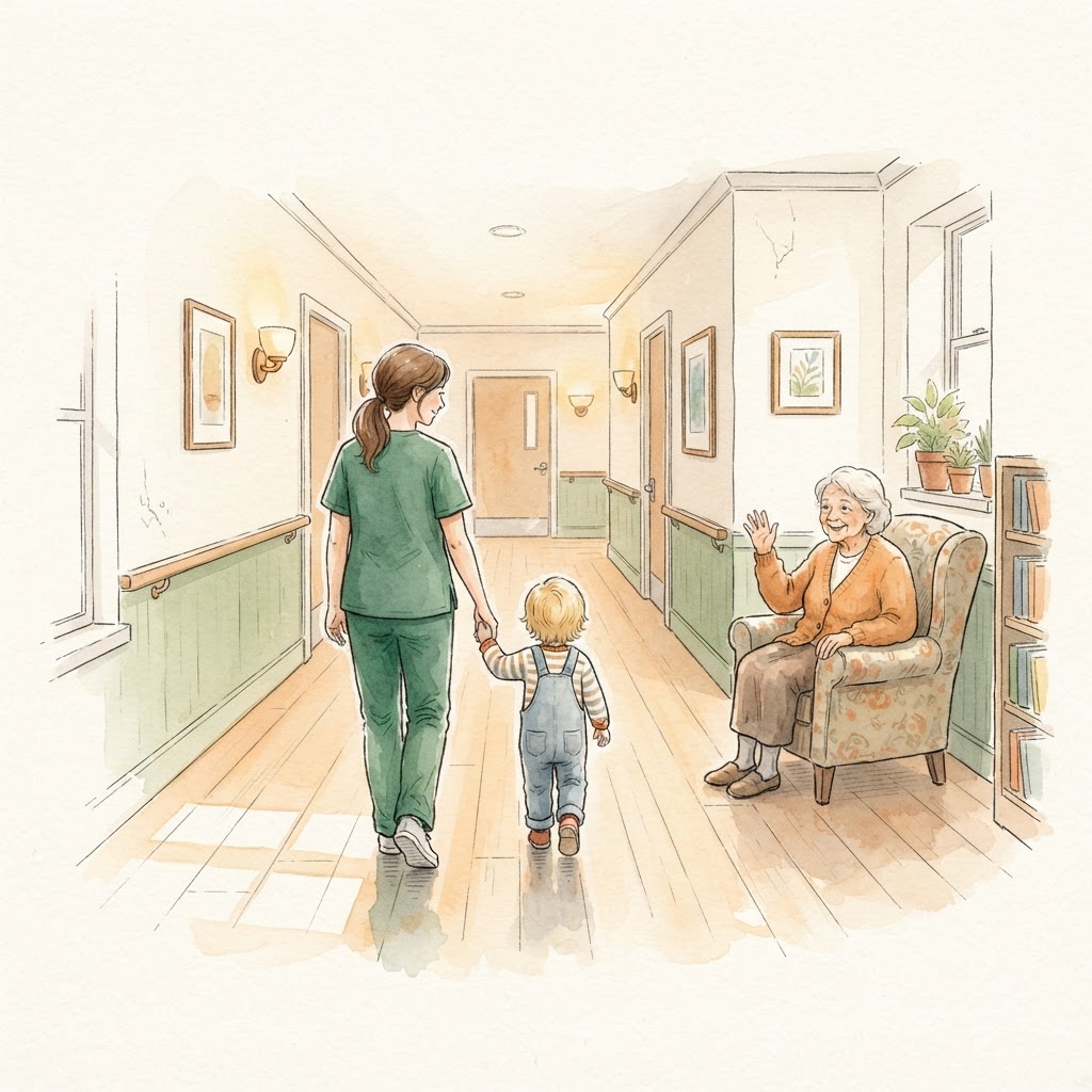 Watercolor illustration of a child walking a nursing home hallway with a caregiver parent