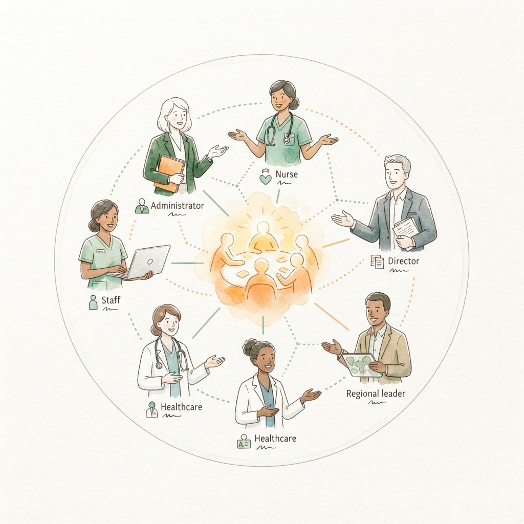 Watercolor diagram of leadership roles connected around a central huddle table