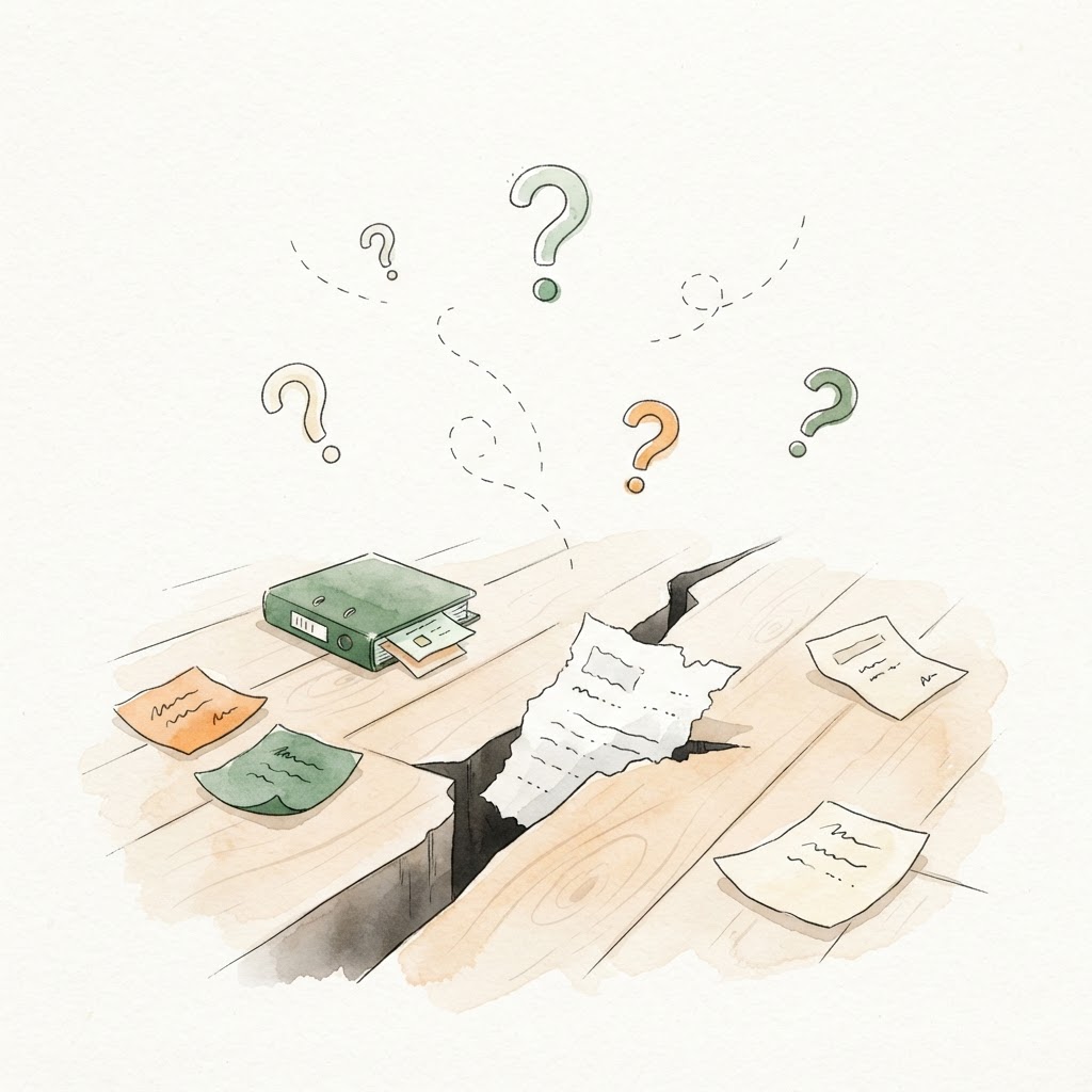 Watercolor infographic of notes and paperwork falling through the cracks