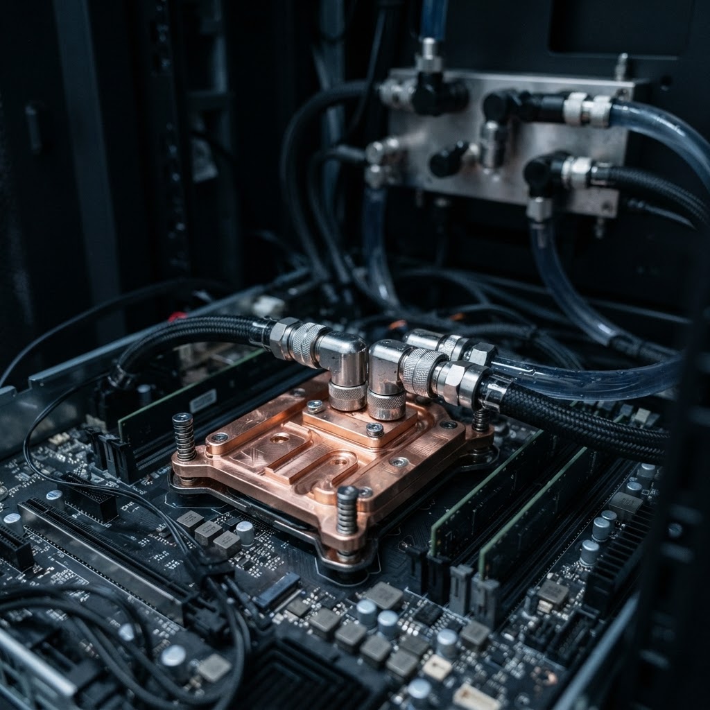 Direct-to-chip liquid cooling hardware mounted on a high-density server node