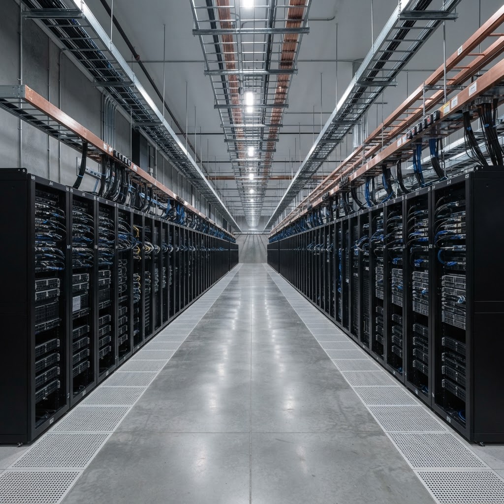 Data center white space with rows of equipment racks, overhead cable tray and busway