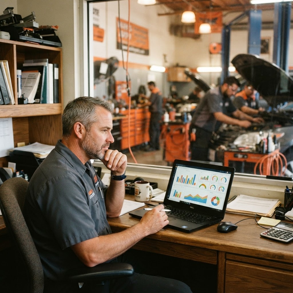 Repair shop owner reviewing a management dashboard