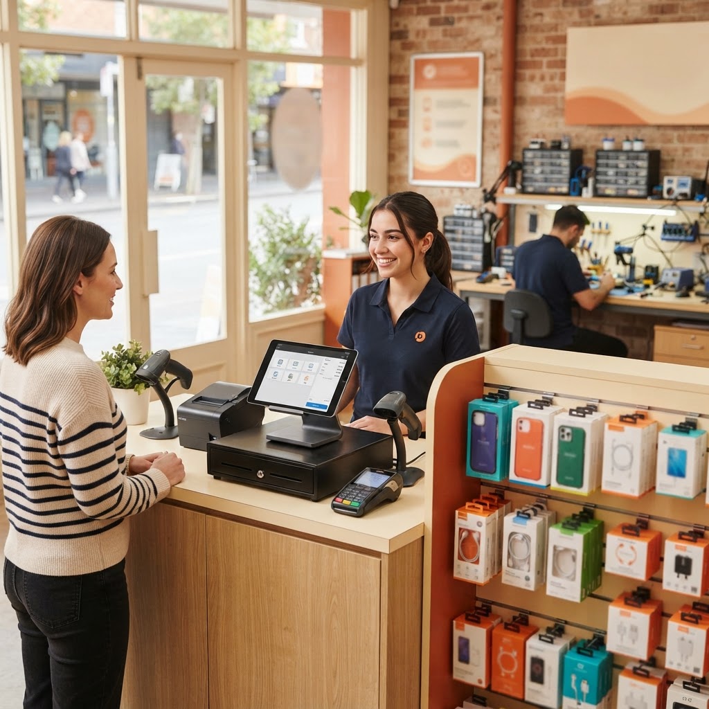 Repair store front counter with POS register and receipt printer