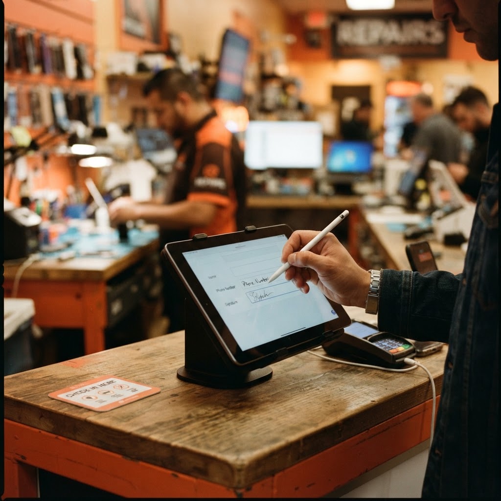 Customer entering contact details on a counter-facing touchscreen in a repair shop