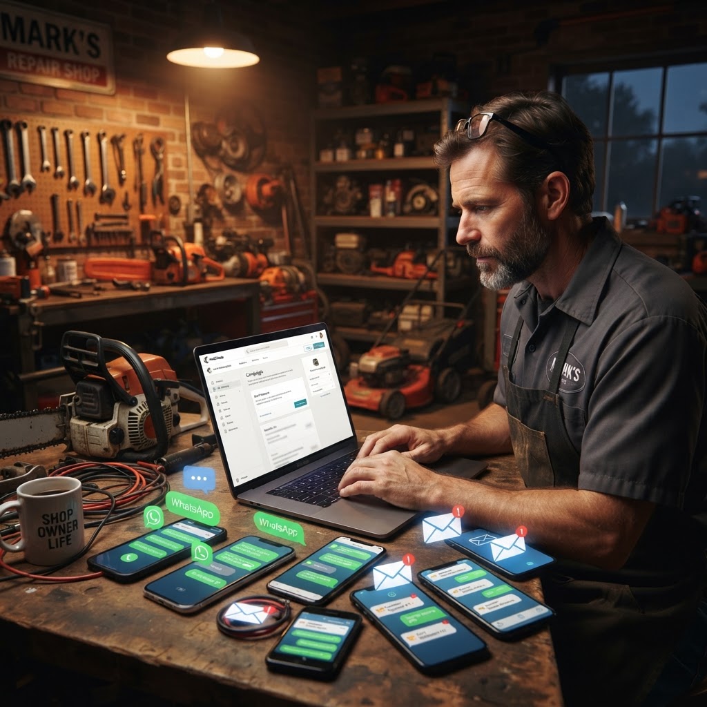 Repair shop owner sending a bulk SMS and email campaign