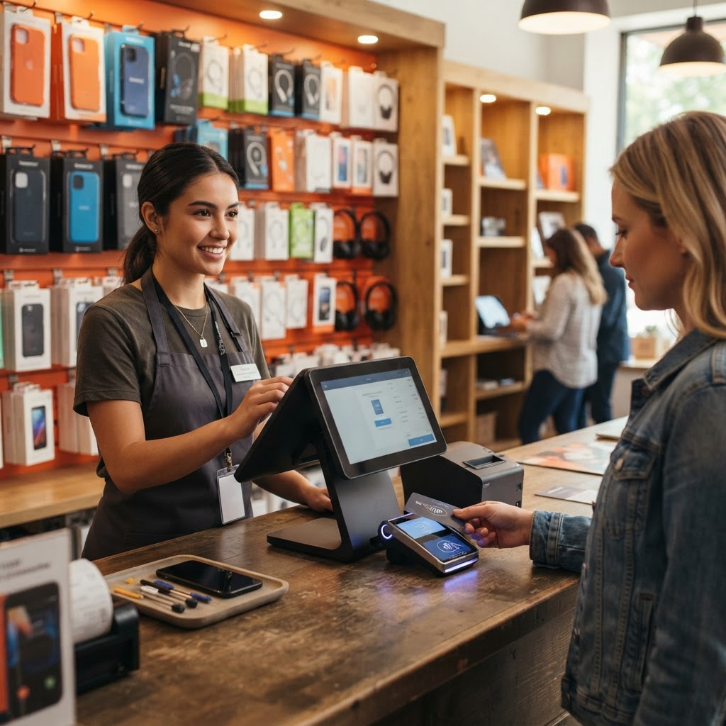 Cashier checking out a customer on a repair shop POS terminal