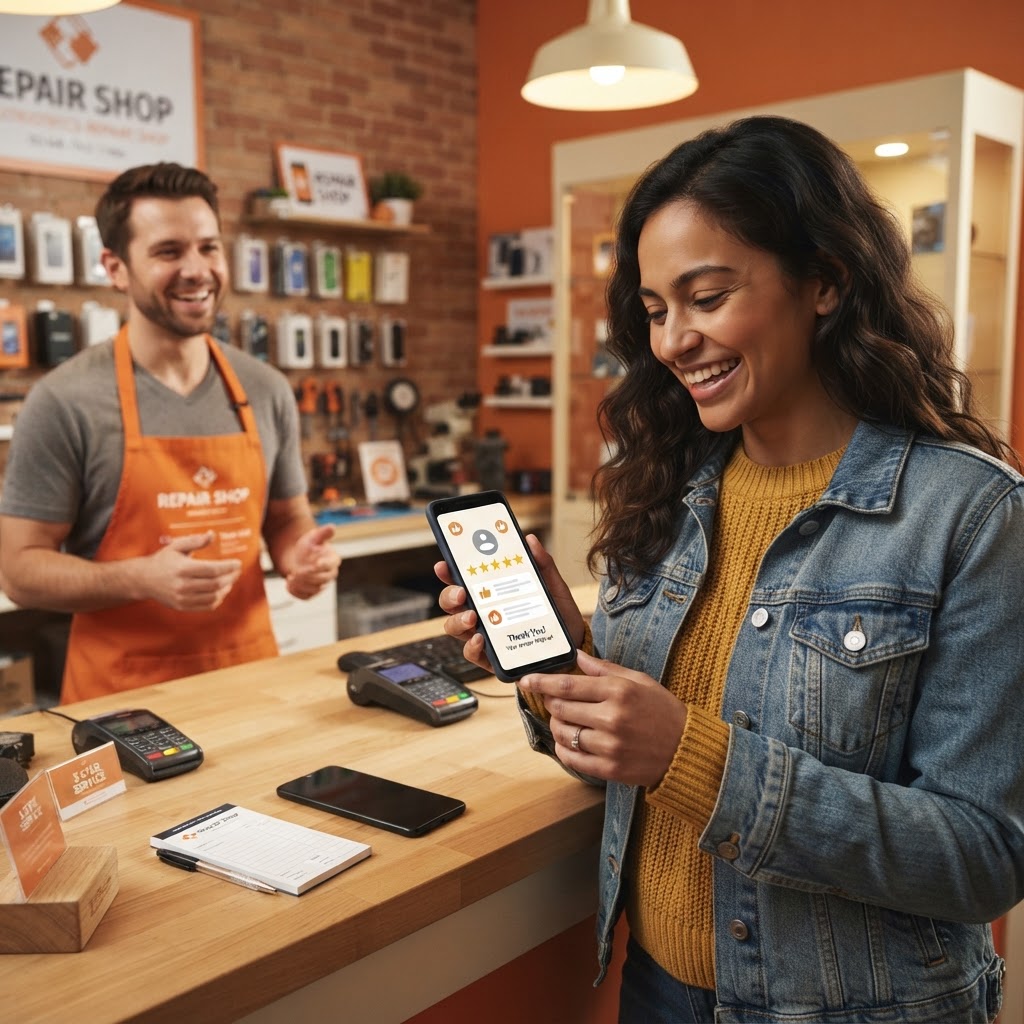 Repair shop customer leaving a five-star Google review on a smartphone after pickup