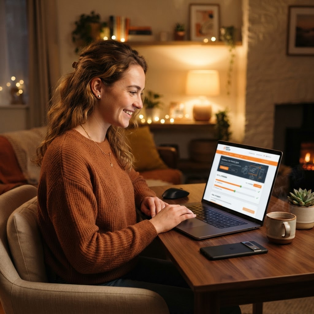 Customer checking repair status on a branded portal at home