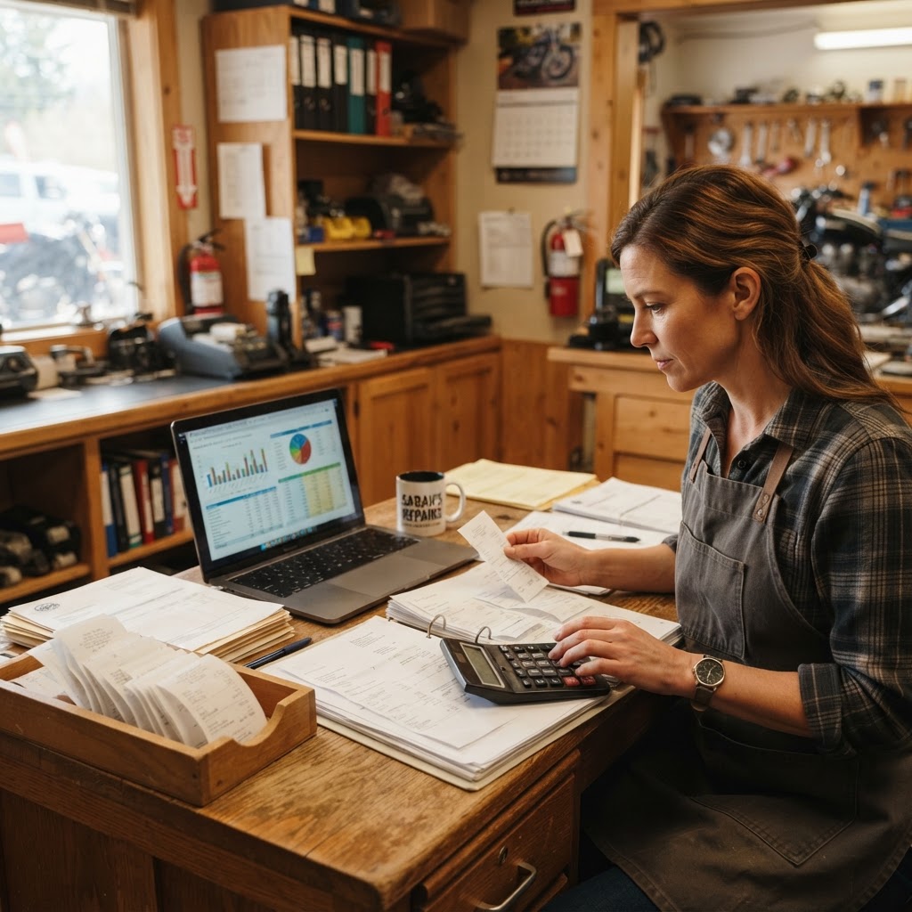 Repair shop owner reviewing profit and loss and receipts