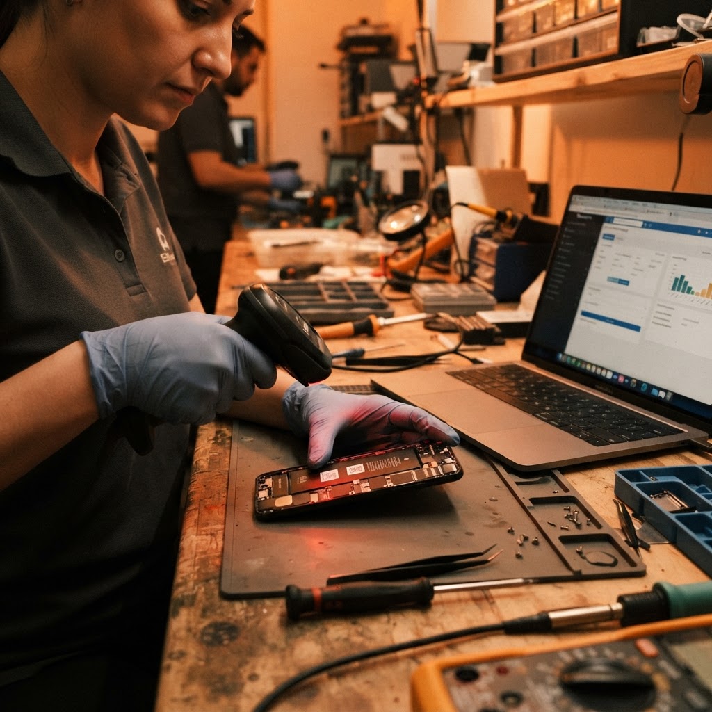 Technician scanning a smartphone IMEI number