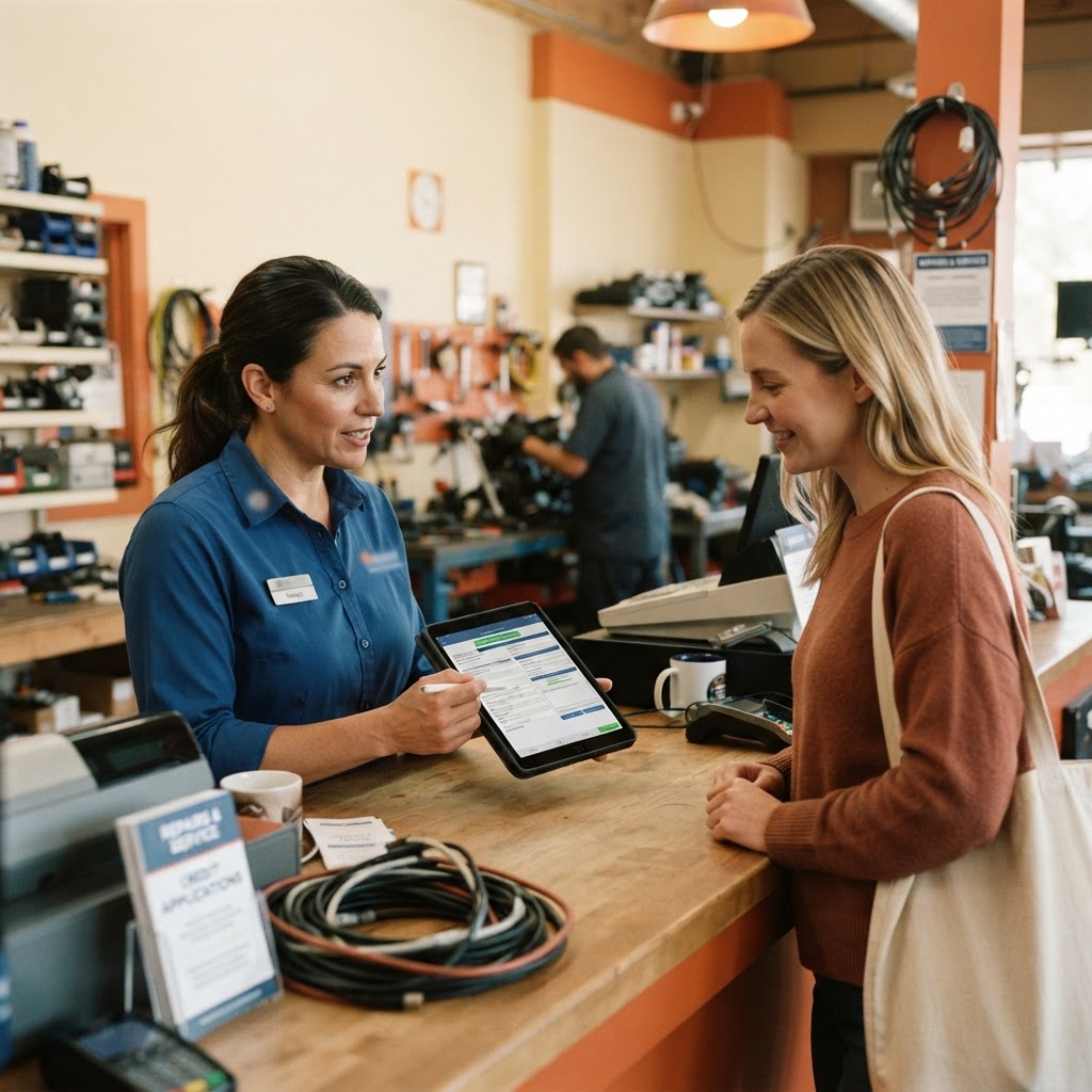 Store manager approving a customer pay-later account on a tablet