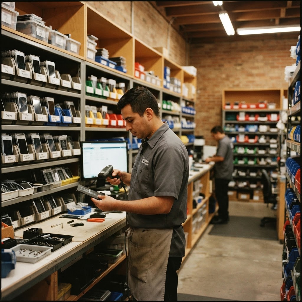 Repair parts inventory bins being scanned with a barcode scanner