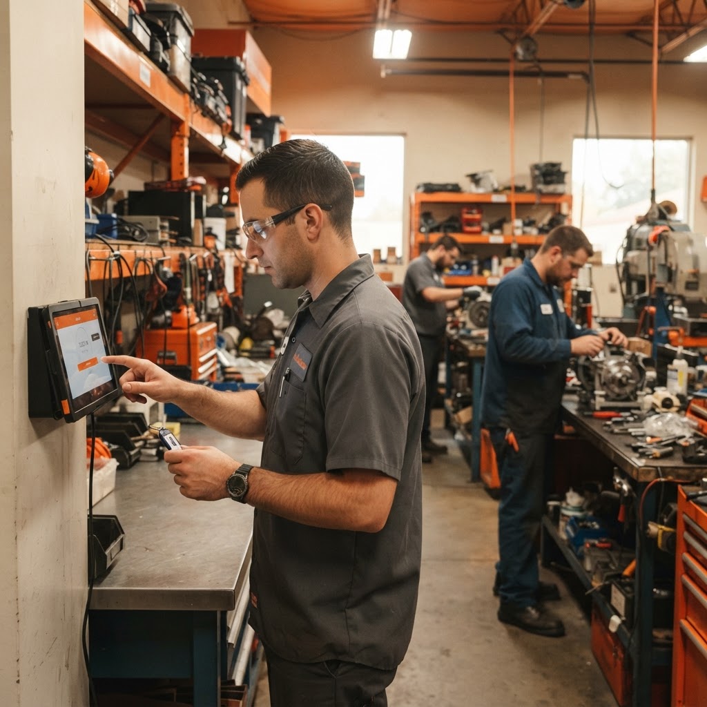 Repair shop employee clocking in on a tablet time clock