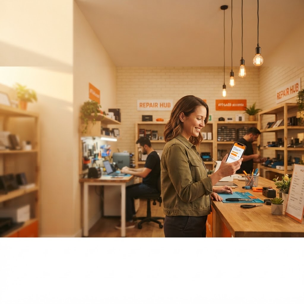 Free branded customer portal for repair shops showing live repair ticket status on a phone