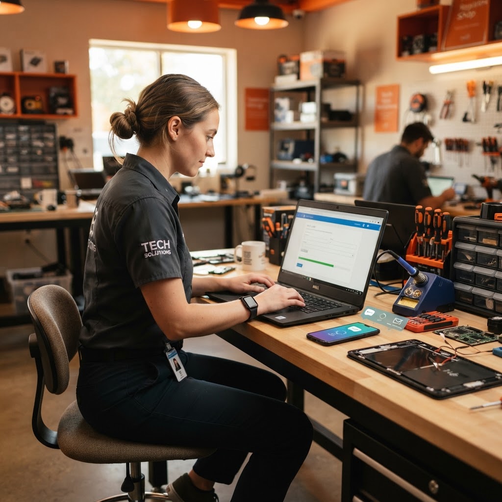 Technician updating repair ticket status on a laptop which sends customer notifications