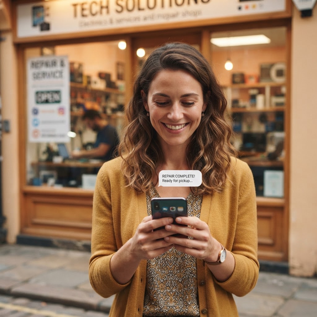 Customer receiving a repair ready SMS notification on a smartphone