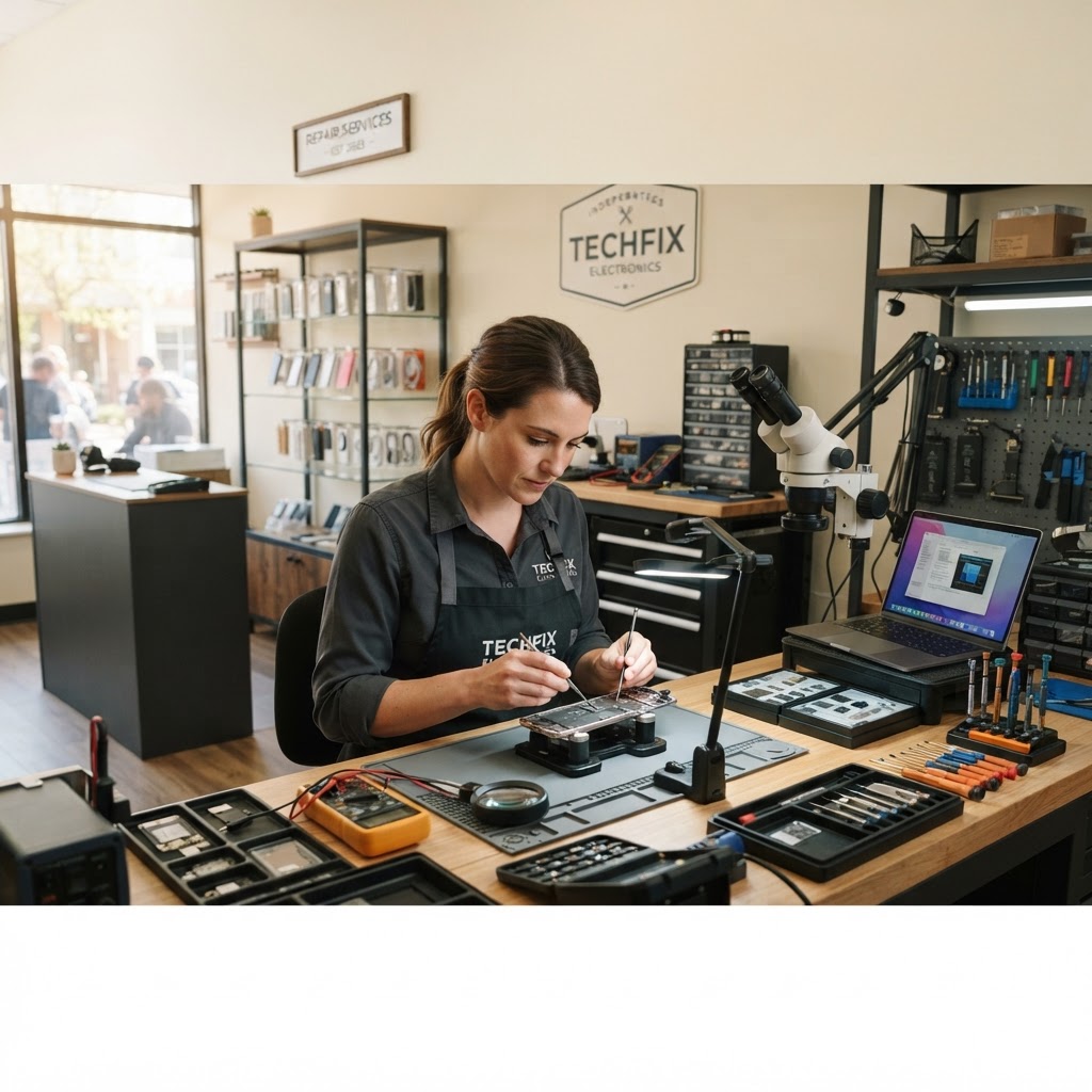 Technician repairing a smartphone in a modern independent electronics repair shop