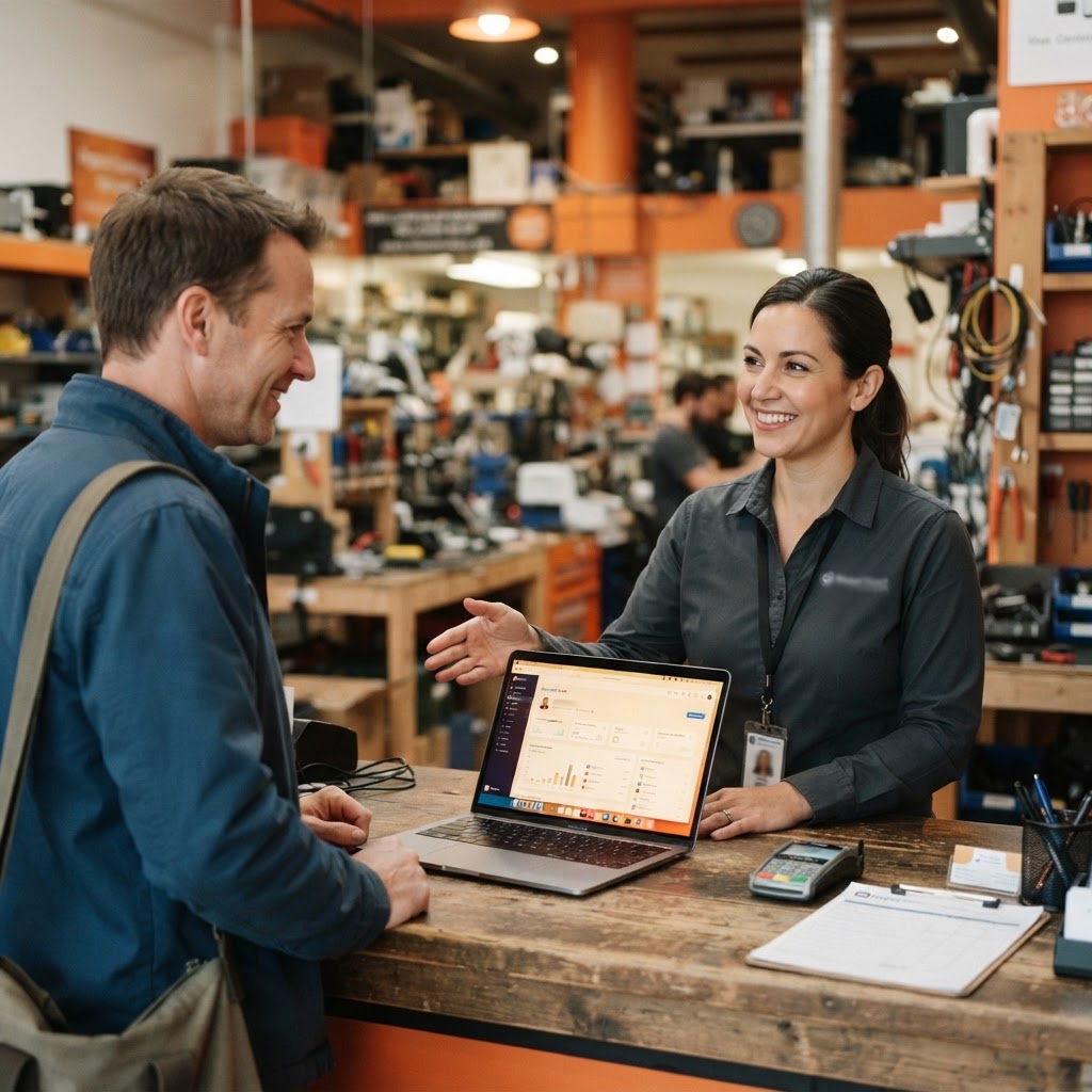 Repair shop employee greeting a returning customer with their profile on screen