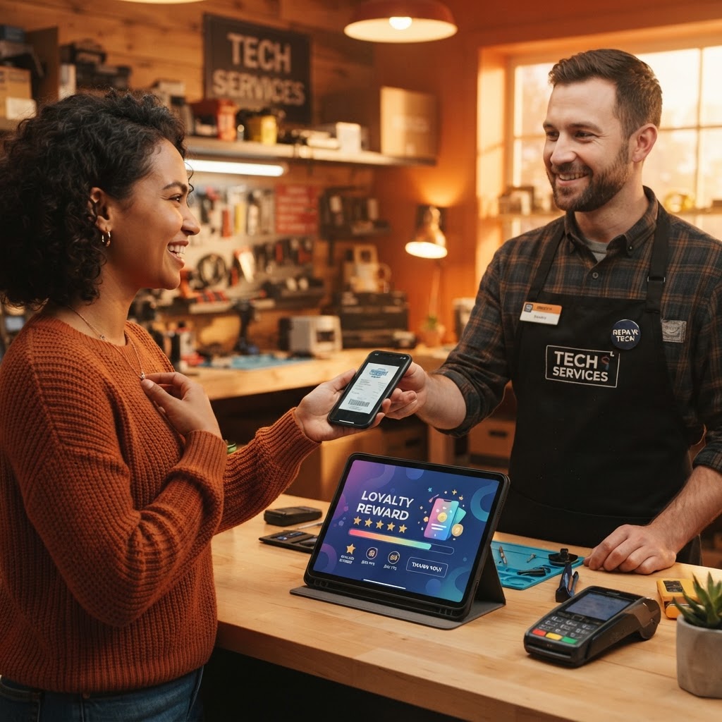 Repair store handing back a repaired phone with loyalty rewards on a tablet