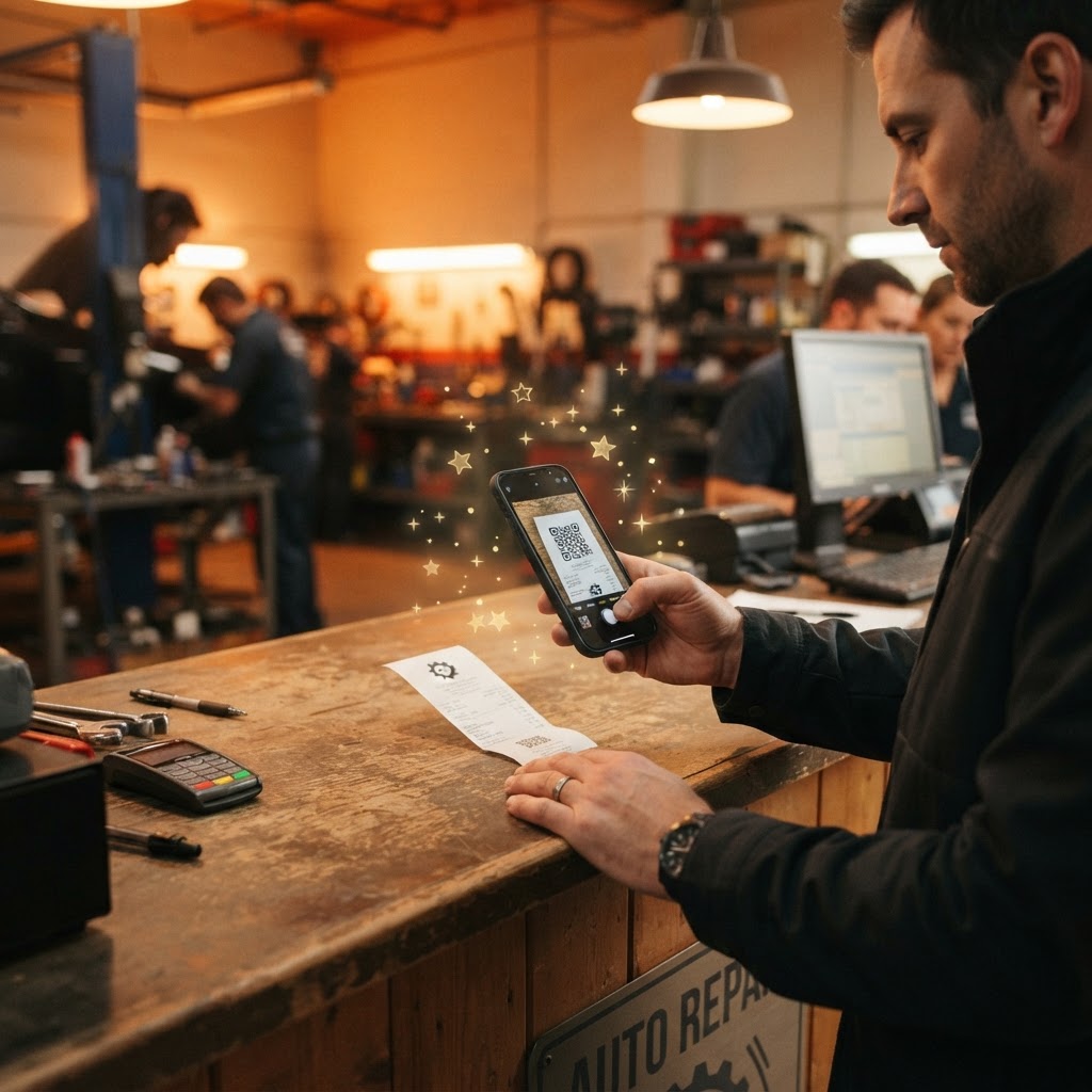 Customer scanning a Google review QR code printed on a repair shop receipt
