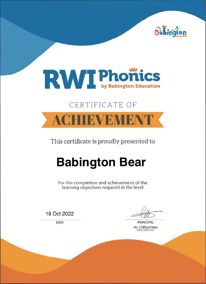 RWI Phonics Certificate of Achievement