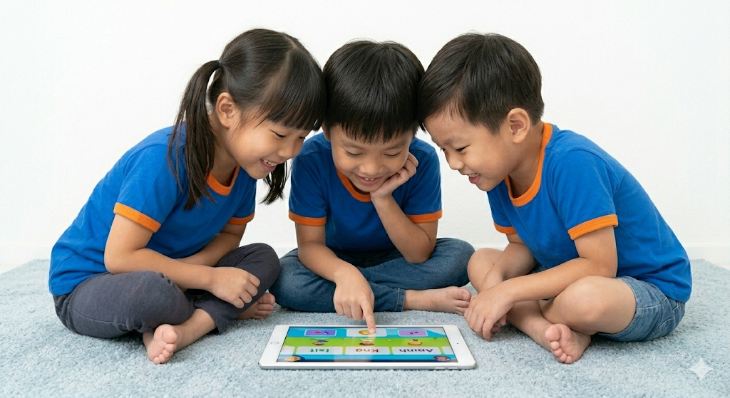 Children learning on tablet