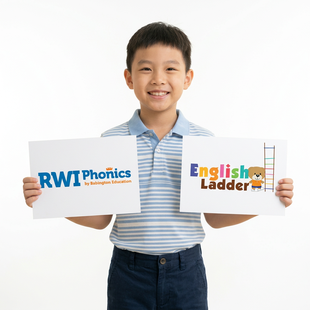 Chinese boy holding RWI and English Ladder logos