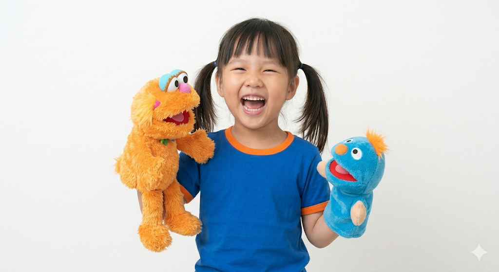 Child with puppets speaking confidently