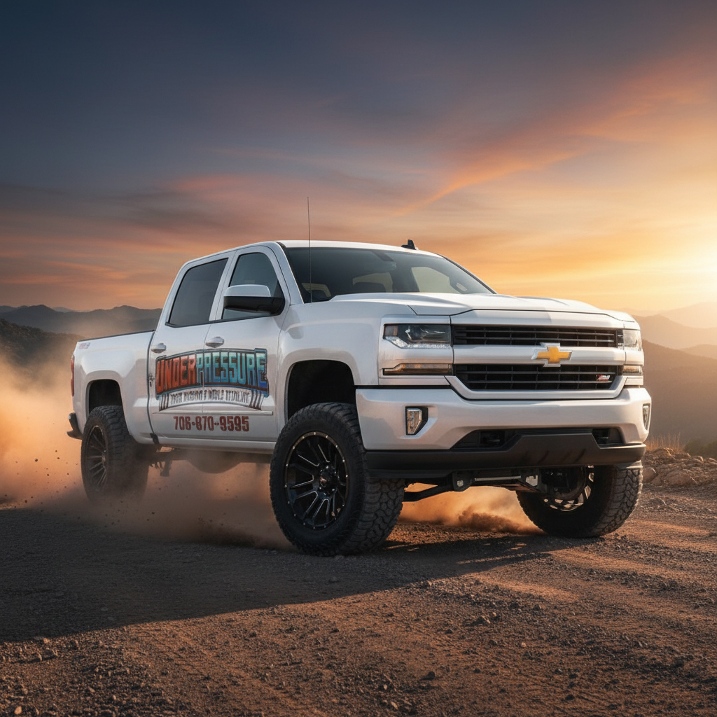 Under Pressure branded truck on mountain road at sunset
