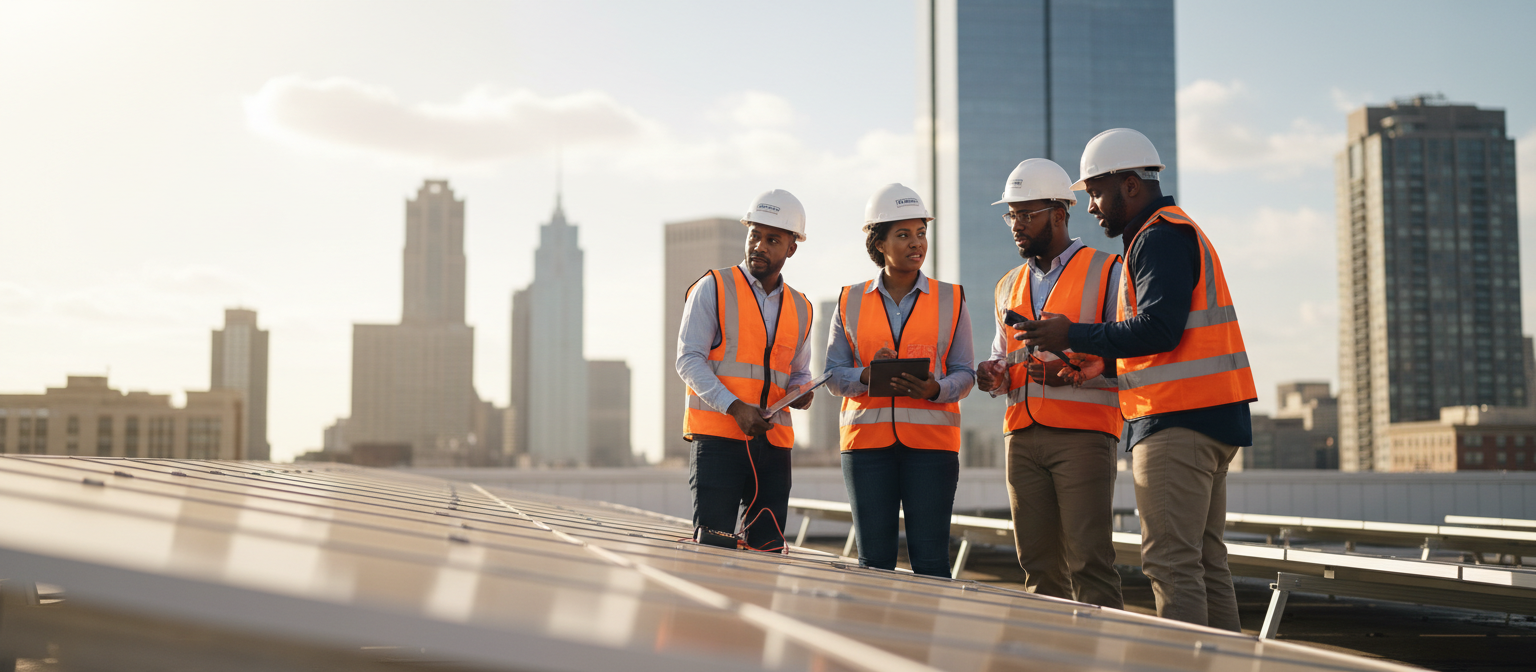 Professional engineers working on solar panels