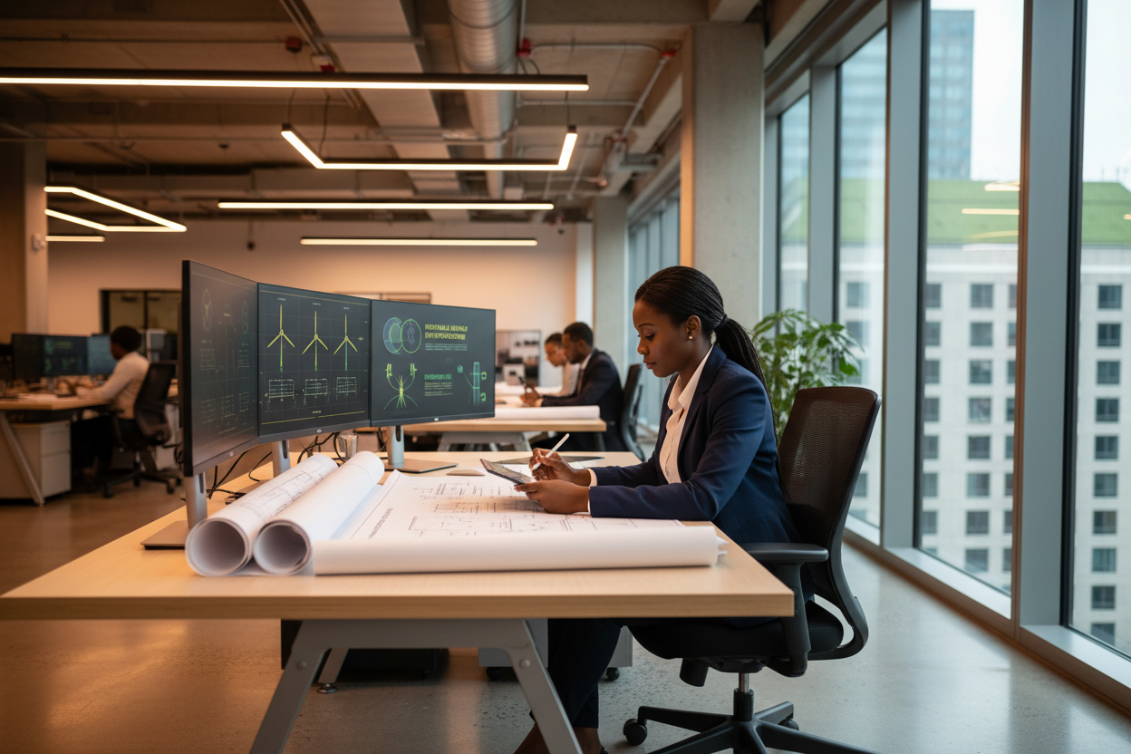 Professional engineer reviewing energy blueprints