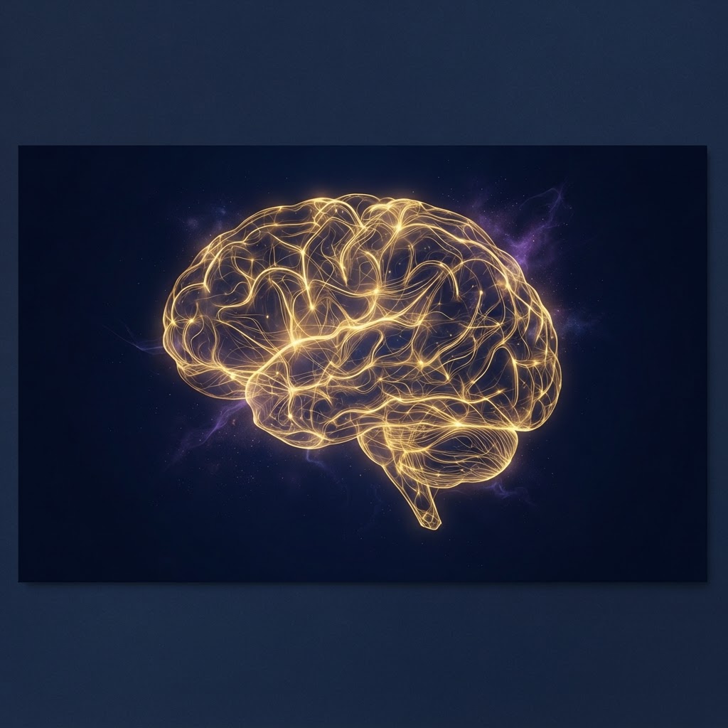 Illustrazione di un cervello formato da reti neurali dorate su sfondo blu notte