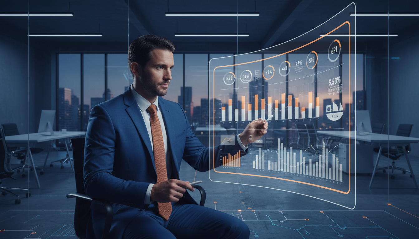 Empresário analisando dados em painel de gestão