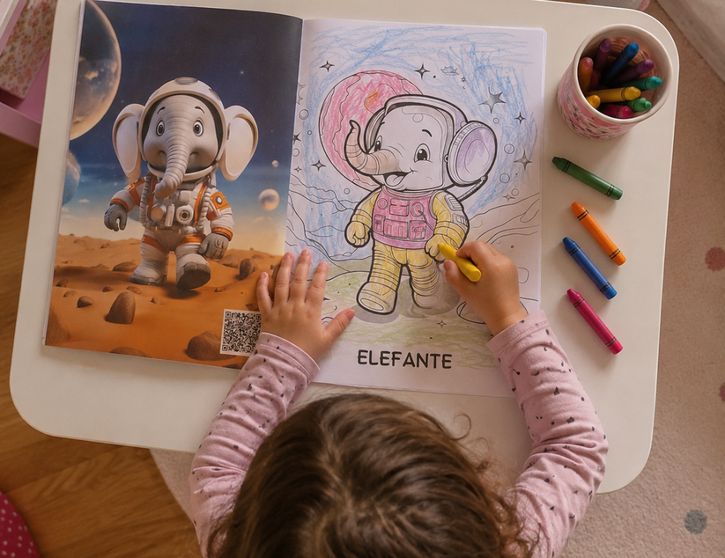 Niño coloreando el libro Animales Astronautas