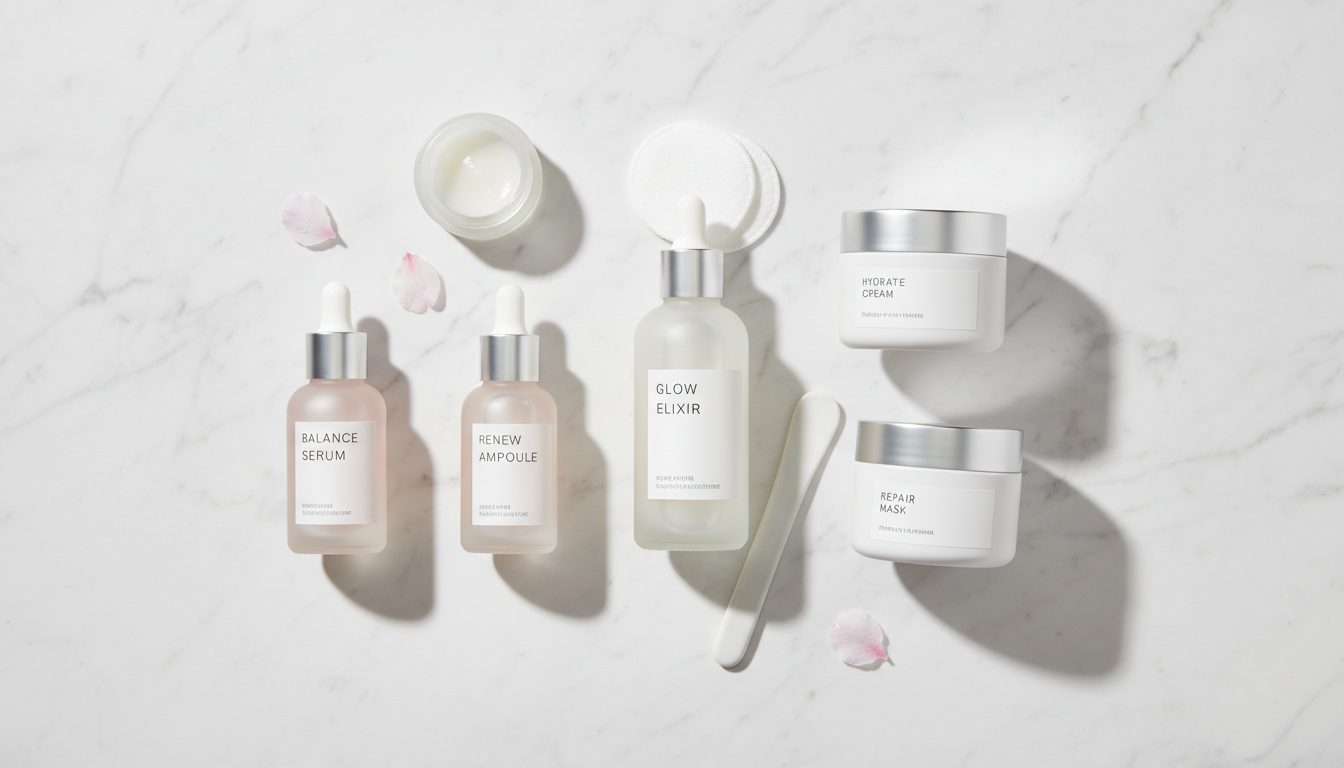 Korean skincare products on marble surface